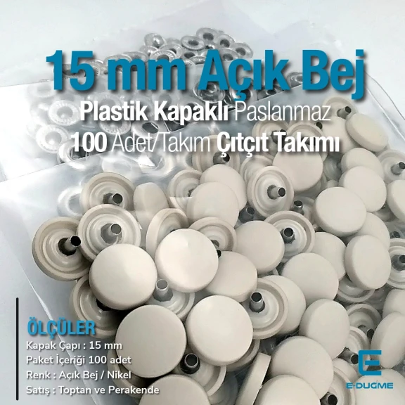 15 mm Plastik Açık Bej Kapaklı Çıtçıt Takımı 100 adet/pkt ERC0015PLAbej