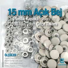 15 mm Plastik Açık Bej Kapaklı Çıtçıt Takımı 100 adet/pkt ERC0015PLAbej