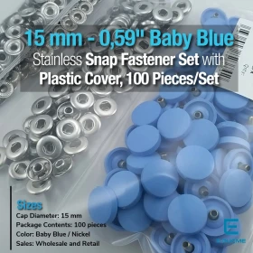 Snap Fastener Set with Cap Plastic15 mm - 0,59" Baby Blue 100 pieces/pack ERC0015PLBBlue