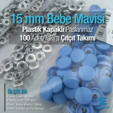 15 mm Çıtçıt Takımı Plastik Kapaklı Bebe Mavisi 100 adet/pkt ERC0015PLBBlue