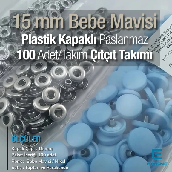 15 mm Çıtçıt Takımı Plastik Kapaklı Bebe Mavisi 100 adet/pkt ERC0015PLBMavi