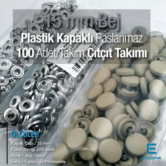 15 mm Çıtçıt Takımı Plastik Kapaklı Bej 100 adet/pkt ERC0015PLBej