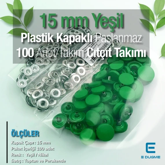 15 mm Çıtçıt Takımı Plastik Kapaklı Koyu Yeşil 100 adet/pkt ERC0015PLDGrn
