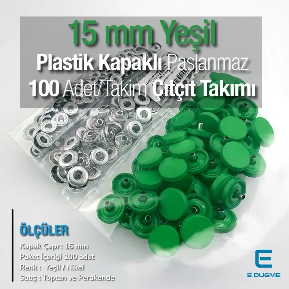 15 mm Çıtçıt Takımı Plastik Kapaklı Koyu Yeşil 100 adet/pkt ERC0015PLDGrn