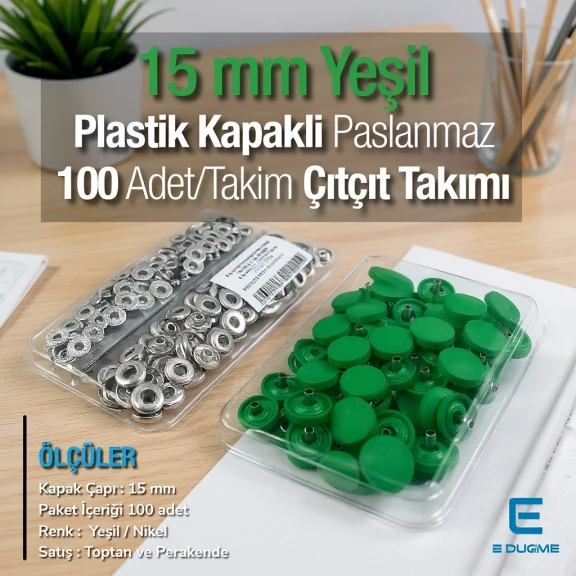 15 mm Çıtçıt Takımı Plastik Kapaklı Koyu Yeşil 100 adet/pkt ERC0015PLDGrn