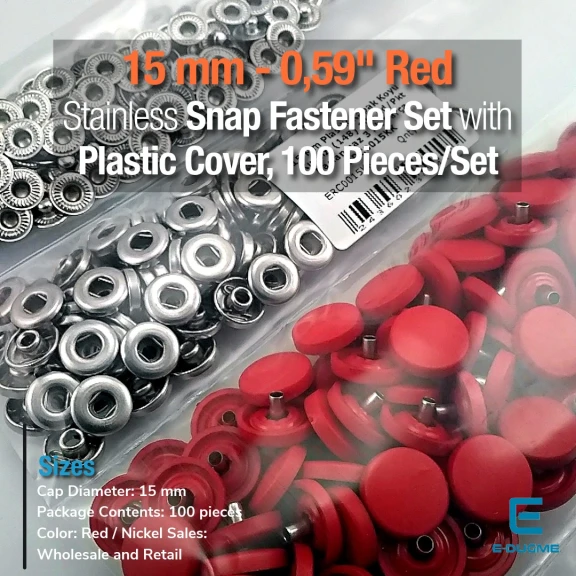 15 mm Snap Fastener Set with 0,59" Plastic Cover Red 100 pieces/pack ERC0015PLDRed