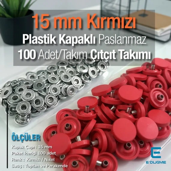 15 mm Çıtçıt Takımı Plastik Kapaklı Kırmızı 100 adet/pkt ERC0015PLDRed