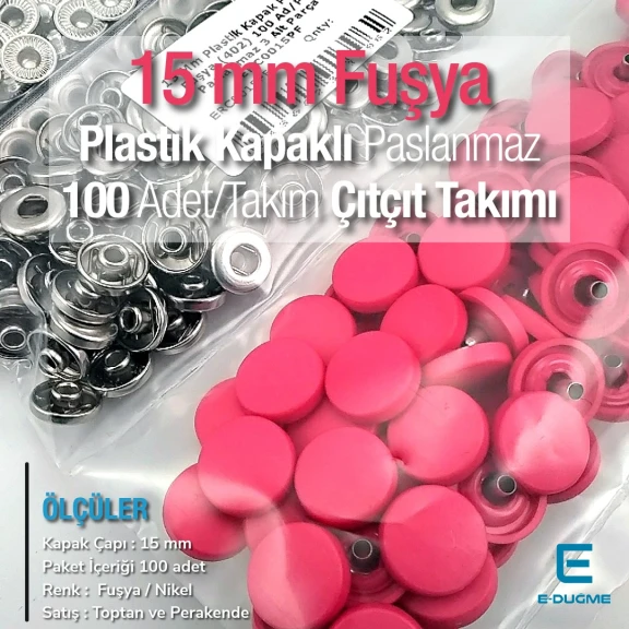 15 mm Çıtçıt Takımı Plastik Kapaklı Fuşya 100 adet/pkt ERC0015PLFsy