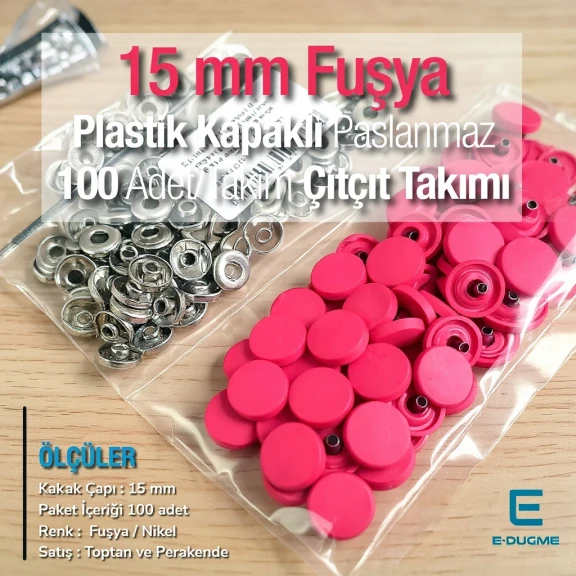 15 mm Çıtçıt Takımı Plastik Kapaklı Fuşya 100 adet/pkt ERC0015PLFsy