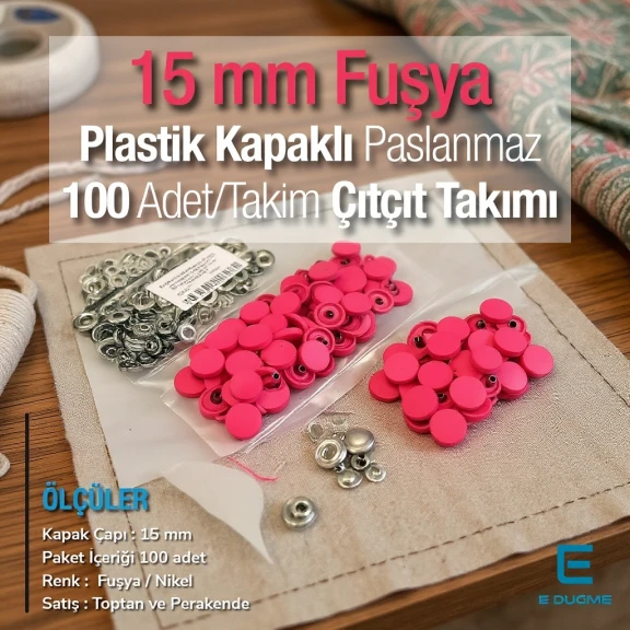15 mm Çıtçıt Takımı Plastik Kapaklı Fuşya 100 adet/pkt ERC0015PLFsy