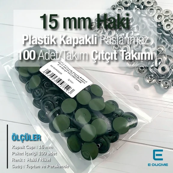 15 mm Çıtçıt Takımı Plastik Kapaklı Haki 100 adet/pkt ERC0015PLHaki