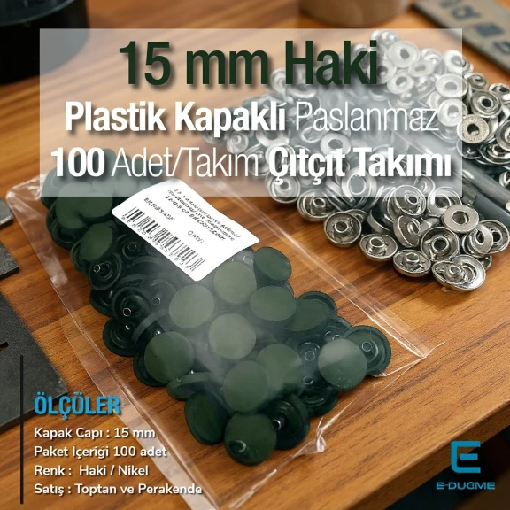 15 mm Çıtçıt Takımı Plastik Kapaklı Haki 100 adet/pkt ERC0015PLHaki