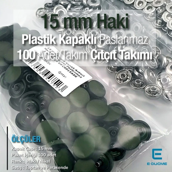15 mm Çıtçıt Takımı Plastik Kapaklı Haki 100 adet/pkt ERC0015PLHaki