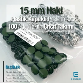 15 mm Snap Fastener Set with 0,59" Plastic Cover Khaki 100 pieces/pack ERC0015PLHaki