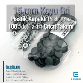 15 mm Çıtçıt Takımı Plastik Kapaklı Koyu Gri 100 adet/pkt ERC0015PLKGri