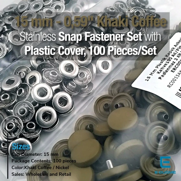 15 mm Çıtçıt Takımı Plastik Kapaklı Kahve Haki 100 adet/pkt ERC0015PLKHaki
