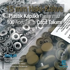 15 mm Çıtçıt Takımı Plastik Kapaklı Kahve Haki 100 adet/pkt ERC0015PLKHaki