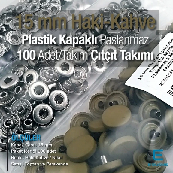 15 mm Çıtçıt Takımı Plastik Kapaklı Kahve Haki 100 adet/pkt ERC0015PLKHaki