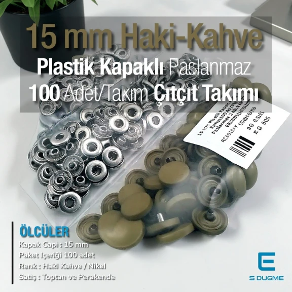 15 mm Çıtçıt Takımı Plastik Kapaklı Kahve Haki 100 adet/pkt ERC0015PLKHaki