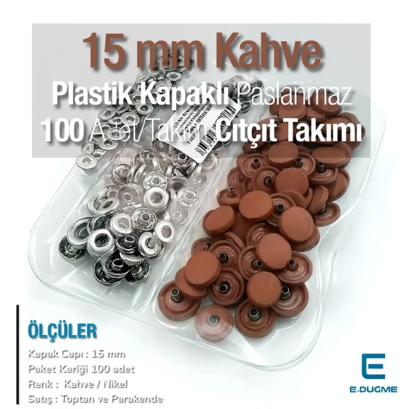 15 mm Snap Fastener Set with 0,59" Plastic Cover Brown 100 pieces/pack ERC0015PLKhv