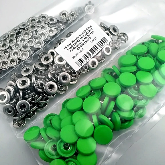 15 mm Çıtçıt Takımı Plastik Kapaklı Elma Yeşili 100 adet/pkt ERC0015PLLgrn