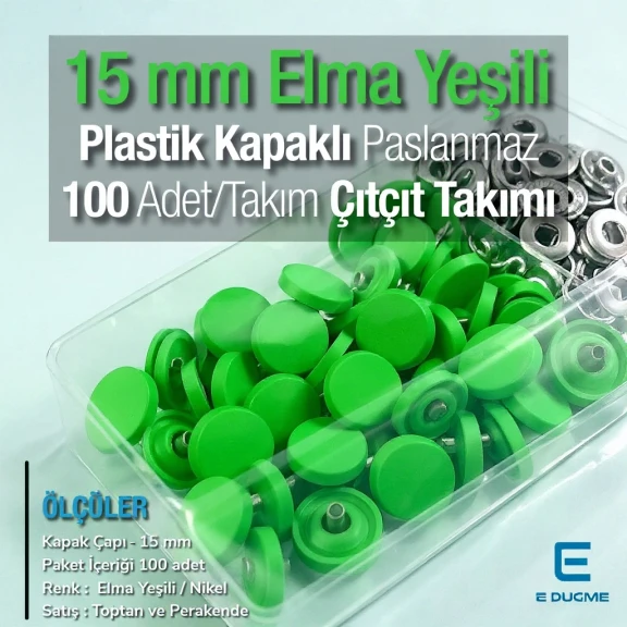 15 mm Çıtçıt Takımı Plastik Kapaklı Elma Yeşili 100 adet/pkt ERC0015PLLgrn