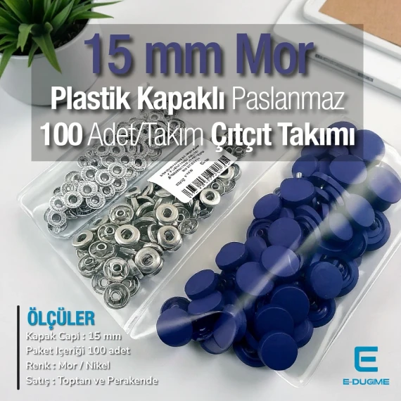 15 mm Çıtçıt Takımı Plastik Kapaklı Mor 100 adet/pkt ERC0015PLMor