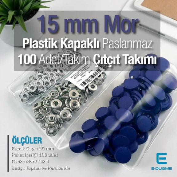 15 mm Çıtçıt Takımı Plastik Kapaklı Mor 100 adet/pkt ERC0015PLMor