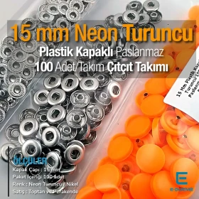 15 mm Plastik Neon Turuncu Kapaklı Çıtçıt Takımı 100 adet/pkt ERC0015PLNOrange