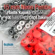 15 mm Çıtçıt Takımı Plastik Kapaklı Neon Pembe 100 adet/pkt ERC0015PLNPink