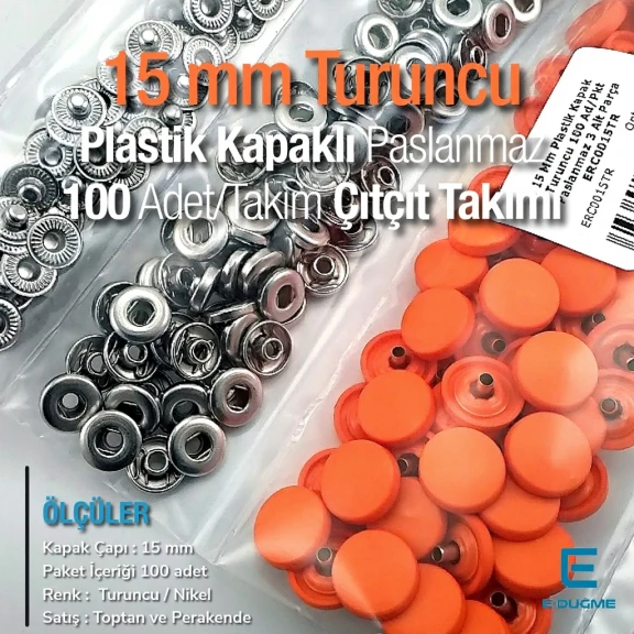 15 mm Çıtçıt Takımı Plastik Kapaklı Turuncu 100 adet/pkt ERC0015PLOrg