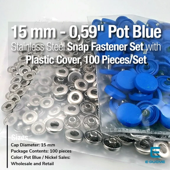 15 mm - 0,59" Snap Fastener Set With Plastic Cap Pot Blue 100 pieces/pack ERC0015PLSMavi