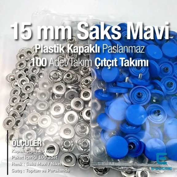 15 mm - 0,59" Snap Fastener Set With Plastic Cap Pot Blue 100 pieces/pack ERC0015PLSMavi