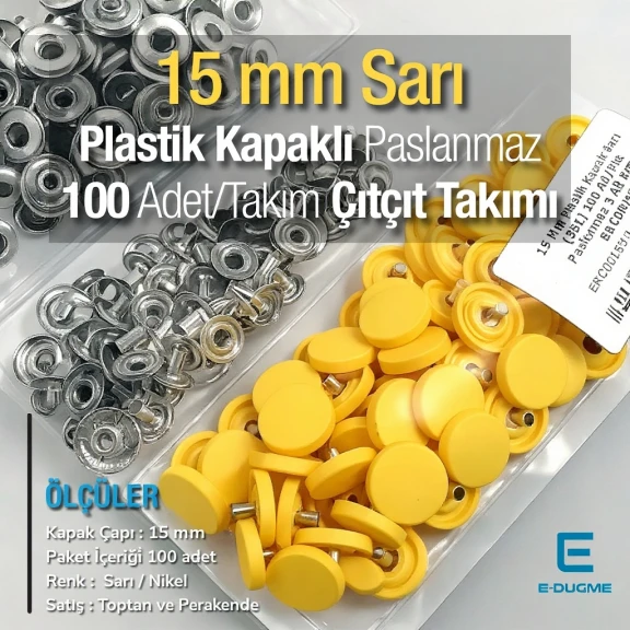 15 mm Çıtçıt Takımı Plastik Kapaklı Sarı 100 adet/pkt ERC0015PLSari