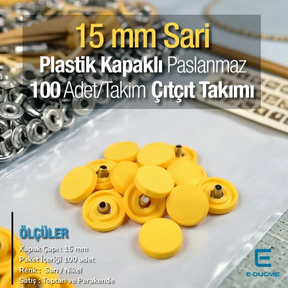 15 mm Çıtçıt Takımı Plastik Kapaklı Sarı 100 adet/pkt ERC0015PLSari