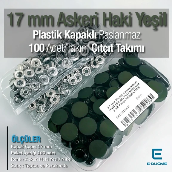 17 mm Plastik Kapaklı Çıtçıt Takımı Askeri Haki Yeşil 100 adet/pkt ERC0017PLAHYesil