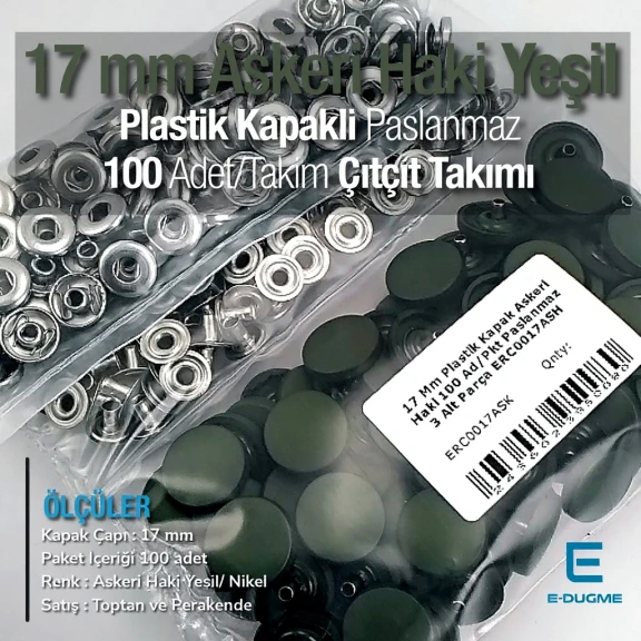 17 mm Plastik Kapaklı Çıtçıt Takımı Askeri Haki Yeşil 100 adet/pkt ERC0017PLAHYesil
