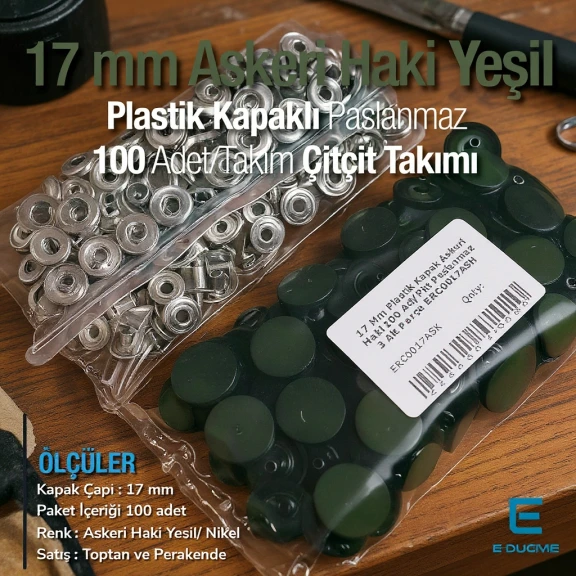 17 mm Plastik Kapaklı Çıtçıt Takımı Askeri Haki Yeşil 100 adet/pkt ERC0017PLAHYesil