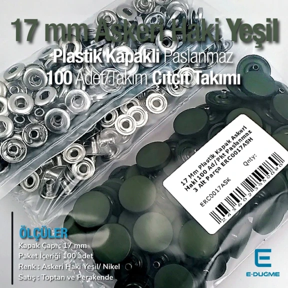 17 mm Plastik Kapaklı Çıtçıt Takımı Askeri Haki Yeşil 100 adet/pkt ERC0017PLAHYesil