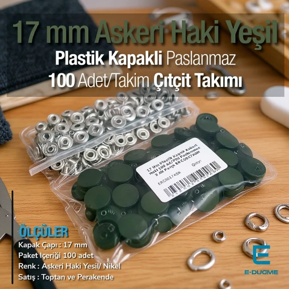 17 mm Plastik Kapaklı Çıtçıt Takımı Askeri Haki Yeşil 100 adet/pkt ERC0017PLAHYesil