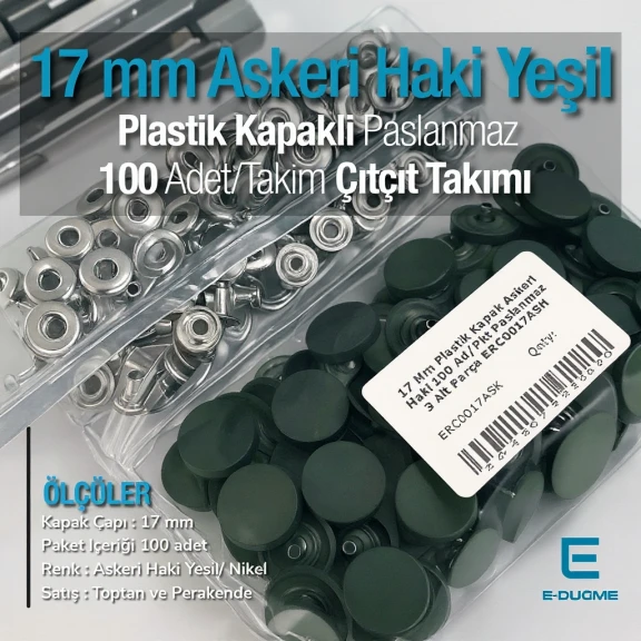 17 mm Plastik Kapaklı Çıtçıt Takımı Askeri Haki Yeşil 100 adet/pkt ERC0017PLAHYesil