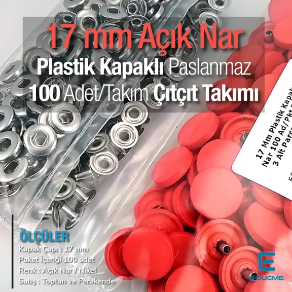 17 mm Plastik Kapaklı Çıtçıt Takımı Açık Nar 100 adet/pkt ERC0017PLANar