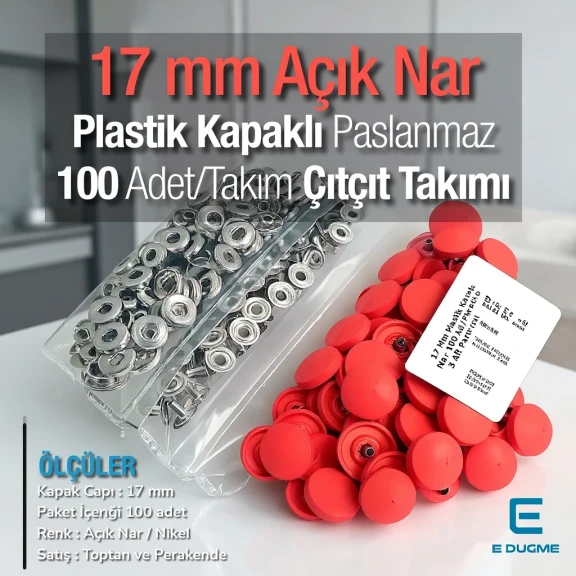 17 mm Plastik Kapaklı Çıtçıt Takımı Açık Nar 100 adet/pkt ERC0017PLANar