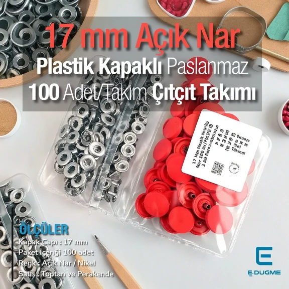 17 mm Plastik Kapaklı Çıtçıt Takımı Açık Nar 100 adet/pkt ERC0017PLANar