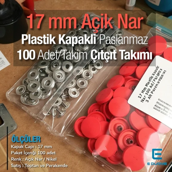 17 mm Plastik Kapaklı Çıtçıt Takımı Açık Nar 100 adet/pkt ERC0017PLANar
