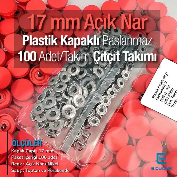17 mm Plastik Kapaklı Çıtçıt Takımı Açık Nar 100 adet/pkt ERC0017PLANar