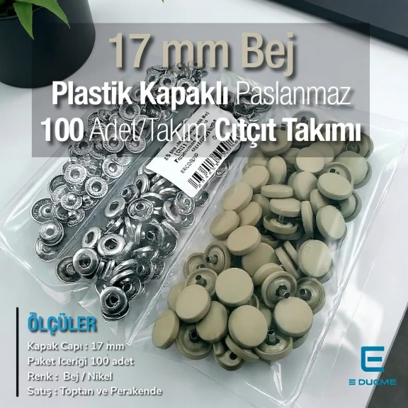 17 mm Çıtçıt Takımı Plastik Bej Kapaklı 100 adet/pkt ERC0017PLBej