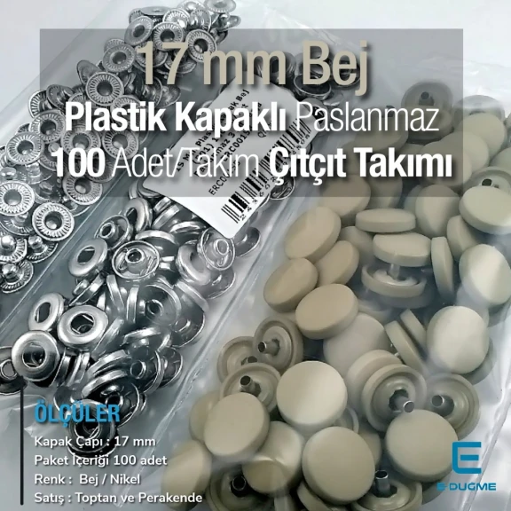 17 mm Çıtçıt Takımı Plastik Bej Kapaklı 100 adet/pkt ERC0017PLBej