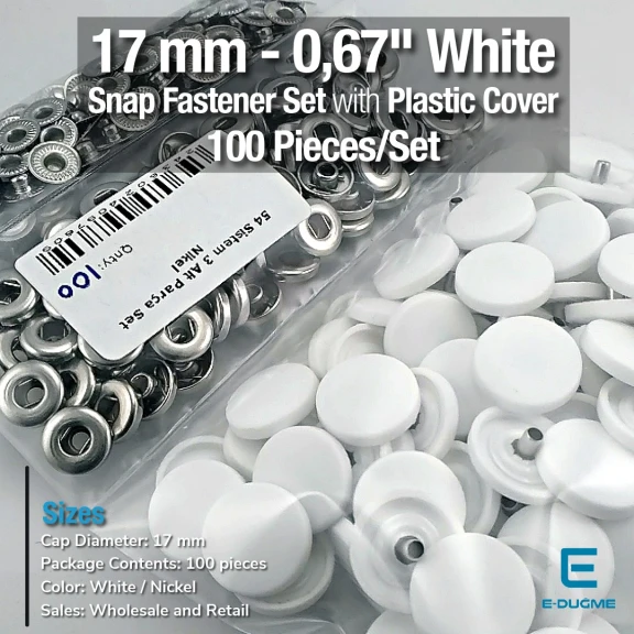 Plastic Cap Snap Fastener Set with 17 mm - 0,67" White 100 pieces/pack ERC0017PLBeyaz