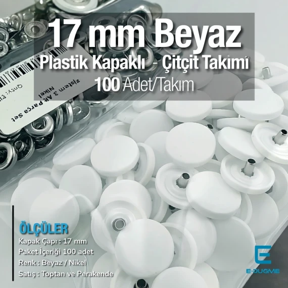 17 mm Plastik Kapaklı Çıtçıt Takımı Beyaz 100 adet/pkt ERC0017PLBeyaz